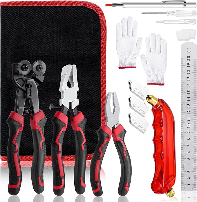 YOTINO Glass Cutters Tools 13PCS Glass Nippers Glass Running Pliers Breaking Pliers Oil Feed Glass Cutter Set for Stained Glass, Tiles, Mosaic Cutting with Cut Resistant Gloves Leather Zipper Bag