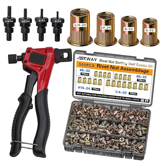 Imperial Pressure Rivet Nut Tool Kit, 500PCS (1/4-20,10-24,8-32,6-32) inch Rivet Nut, Suitable for Furniture, Decoration, Automotive, Marine and Industrial Applications