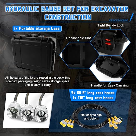 Hydraulic Pressure 3 Gauges(25/40/60MPa) Test Kit with 4 Test Hoses & 14 Straight Connectors & 19 Tee Connectors for Construction Machinery Excavator(Black)