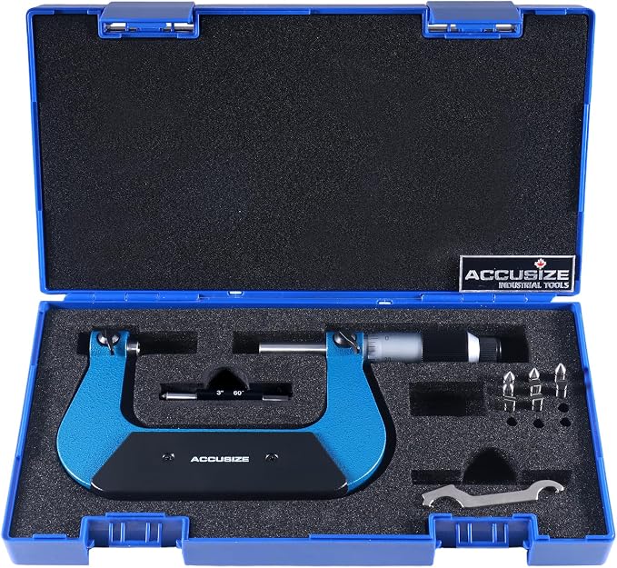 Accusize Industrial Tools Screw Thread Micrometer, 3-4", S916-C753 | 4 Anvil Sets: 24-14, 13-9, 8-5, 4.5-3.5 TPI, 0.001" Resolution, ±0.00016" Accuracy