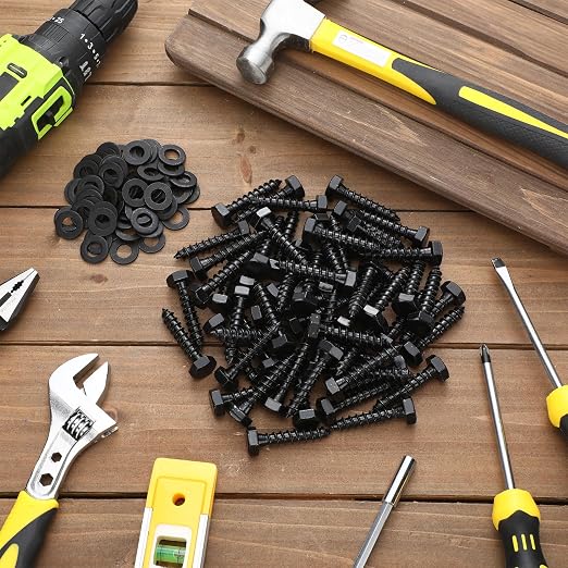 Tandefio 100 Pack 1/4''x 2'' Hex Head Lag Bolts for Wood Ceramic Black Lag Screw Kit with Washers Heavy Duty Hot Dip Galvanized Coating Double Layer for Decks Fences