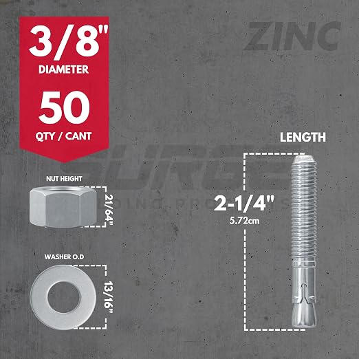3/8" x 2-1/4" Zinc-Plated Wedge Anchors for Concrete and Cement | Heavy-Duty 3/8 Concrete Anchors (Box of 50)