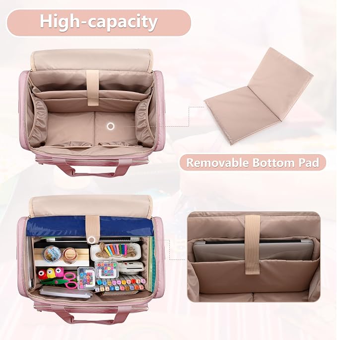 LUXJA Rolling Craft Bag with Pockets for 12 x 12 inch Scrapbook Album and Laptop, Rolling Scrapbook Tote with Detachable Dolly (Patent Pending), Pink