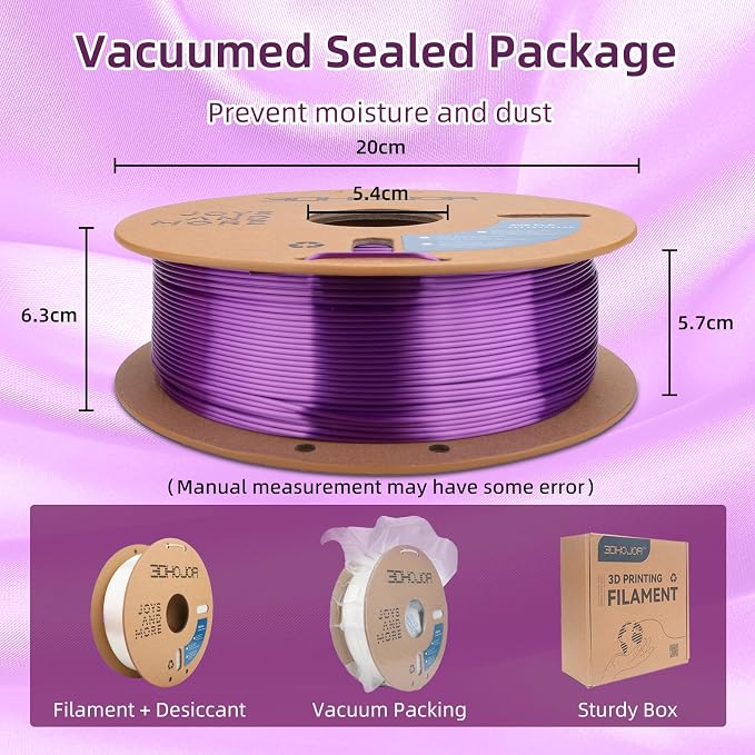 3DHoJor Silk PLA Filament 1.75mm, PLA Filament 1.75mm Silk Shiny 3D Printer Filament, 1kg Cardboard Spool (2.2lbs), Dimensional Accuracy +/- 0.03 mm, Fit Most FDM Printer（Purple）