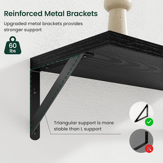 Floating Shelves 8 Inch Deep, 36W x 8D Wall Shelf Set of 2, 60 lbs Heavy Duty Reversible Metal Brackets, Industrial Book Shelf for Living Room Kitchen Bathroom Bedroom Gallery Wall, Black
