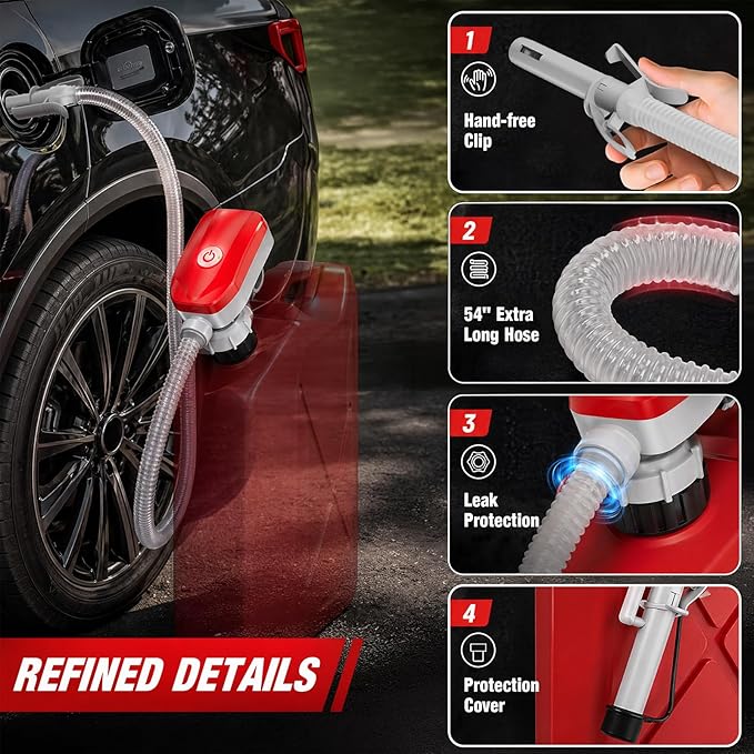 Automatic Electric Fuel Transfer Pump with Auto-Stop, 3.6 GPM, 54" Long Hose Gas Pump Battery Powered w 4 Size Can Adapters and Leak Protection for Gasoline, Diesel, Kerosene, Gifts for Men Dad