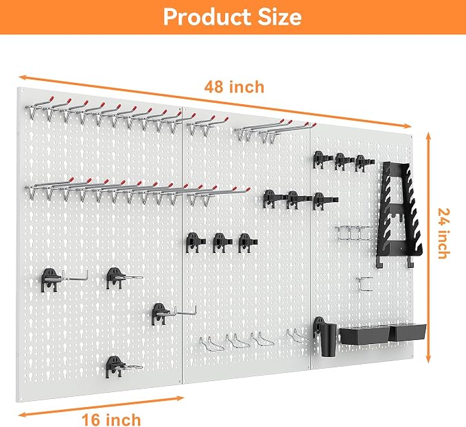 WALMANN Metal Pegboard Tool Organizer Boards with Pegboard Hooks, 24x48 in Tools Organizer Pegboard for Garage, Workbench, Peg Board, Tool Storage Board with Hooks(Grey)