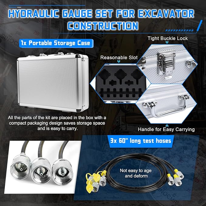 Hydraulic Pressure Gauges Test Kit 4000/6000/10000PSI, 9 Couplings 3 Test Hoses 59 inch, 1 Aluminum Box Diagnosis Tester Set for Excavator Construction Machinery