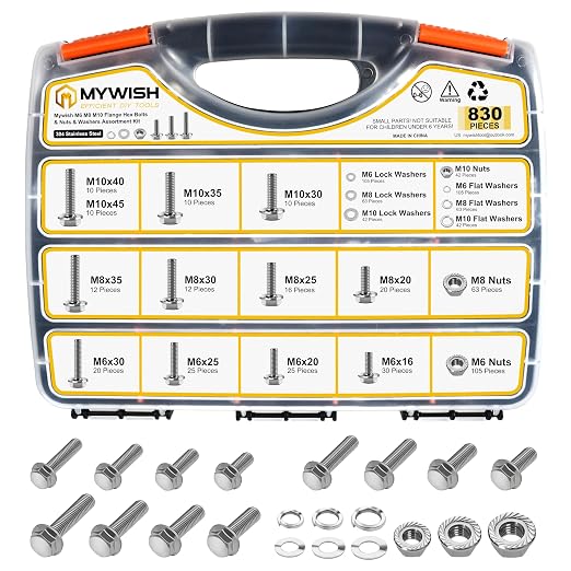 830Pcs M6 M8 M10 Flange Metric Bolt Assortment, Flanged Hex Head M6x1.0 Bolt M8x1.25 Bolt M10x1.5 Bolt Kit, 304 Stainless Steel Serrated Nuts and Bolts, Flat & Spring Washers by Mywish