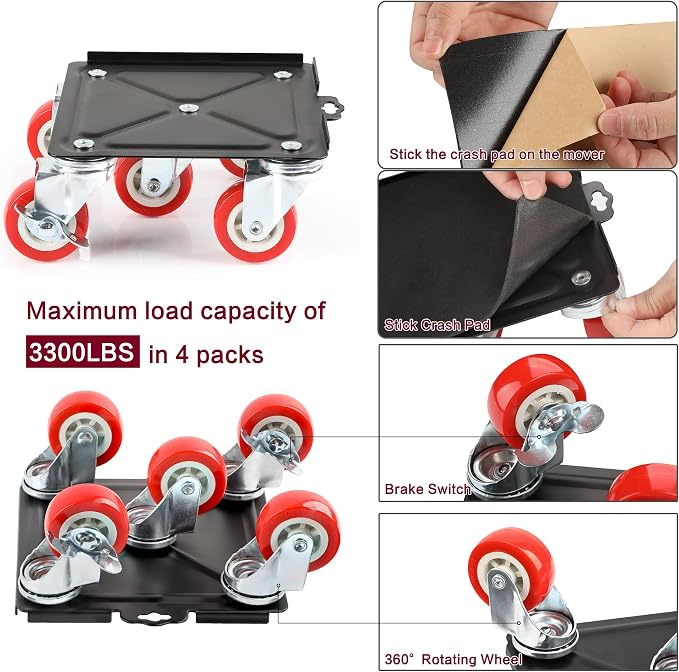 Heavy Duty Furniture Dolly with 5 Wheels, 4000 lbs Load Capacity for Easy Moving and Storage, Furniture Lift Mover Tool Set Perfect for Heavy Home or Office - Made of Premium Carbon Steel（6 Packs）