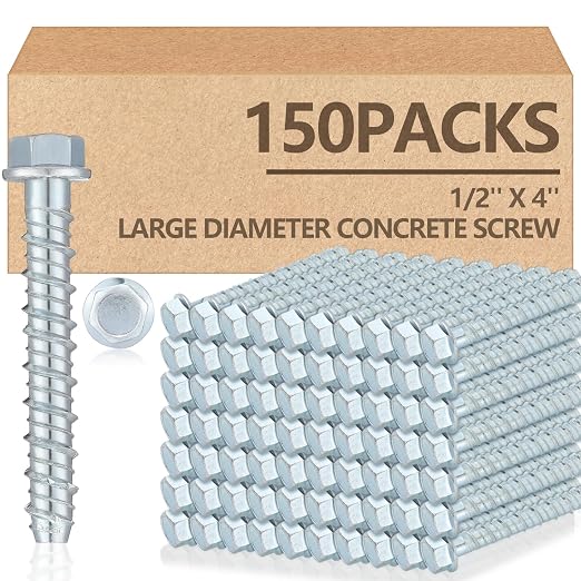 Tandefio 150 Pack 1/2" X 4"Galvanized Concrete Screws Large Diameter Anchors Concrete Screw Anchor Bolts Masonry Screw for Anchoring to Masonry Brick or Block