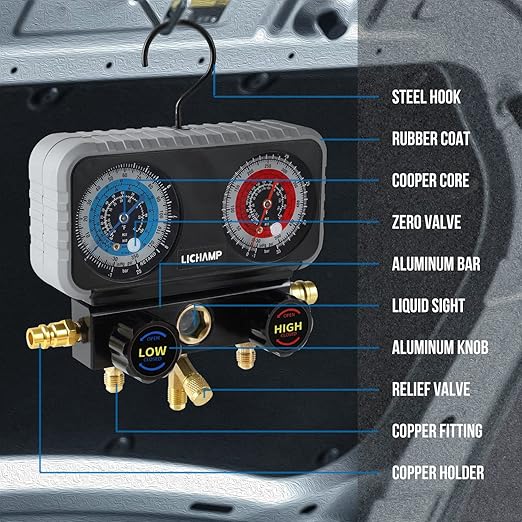 Lichamp AC Gauges, A/C Manifold Gauge Set for R134a R22 R12 R502 and Vacuum Pump, HVAC Single Stage Vacuum Pump for R134a R410a R22 R12,1/4 HP 3.5 CFM Auto AC Air Tool