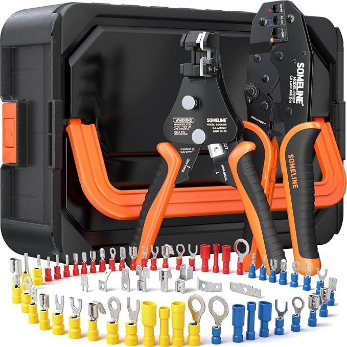 SOMELINE Crimping Tool for Insulated Electrical Wire Connectors Kit, with 51 Sizes Wire Terminals and 22-10 AWG Ratchet Crimping Pliers and Stripping Pliers – for Automotive & Electrical Repairs