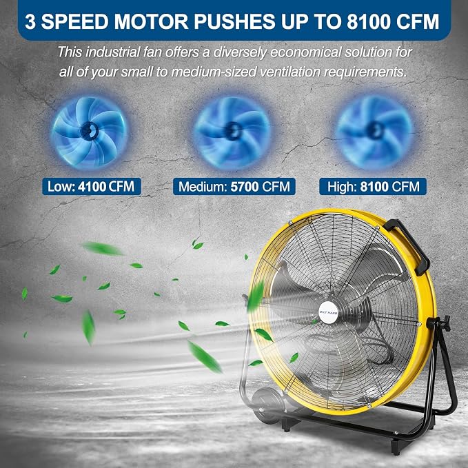 BILT HARD 24" 8100 CFM High Velocity Industrial Drum Fan, 3-Speed Heavy Duty Metal Shop Fan for Garage, Warehouse, Workshops, Factory and Basement, UL Listed