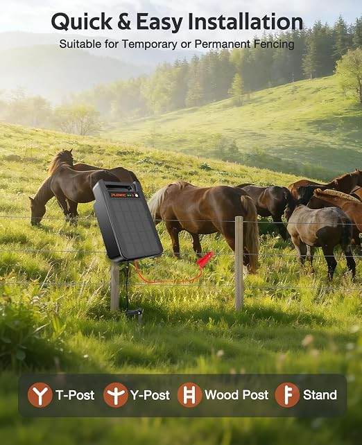 Solar Electric Fence Charger 10 Miles, 0.20J Solar Powered Fence Energizer with Rechargeable 10400mAh Battery, Portable Electric Fence Kit for Livestock, Chicken, Garden Protection, Auto Day/Night