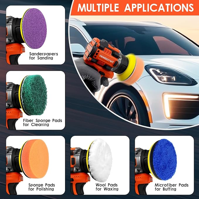 Brushless Cordless Polisher, 2 Variable Speed Mini Buffer Polisher (0-500/0-3000 RPM), 2Pcs 3.0Ah Batteries, 1/2/3" Backing Pads, 52 Accessories, Small Sander for Car Detailing/Buffing/Sanding/Waxing