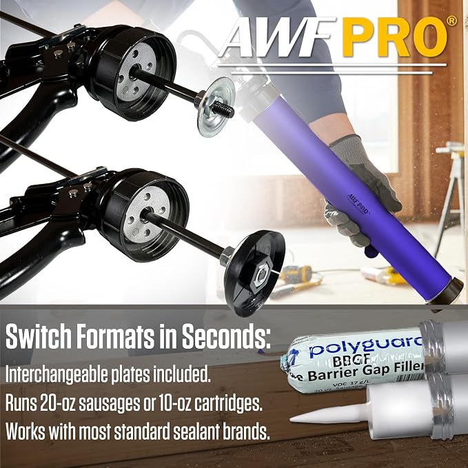 AWF PRO Sausage Caulking Gun, 20 oz Foil Pack and 10 oz Cartridge Convertible, 12:1 Thrust Ratio, Aluminum Barrel, Includes 3 Tips