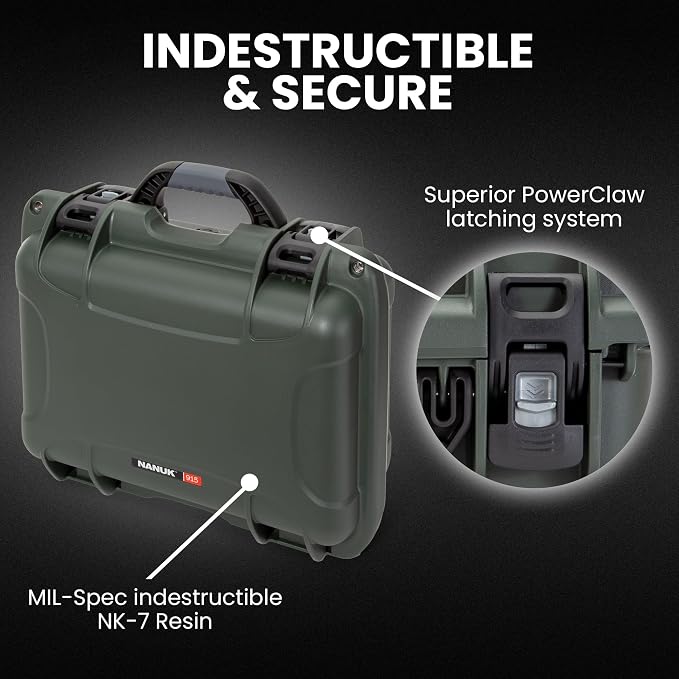 NANUK 915 Hard Case with Cubed Foam – Compact Waterproof Travel Camera Hard Case with Padded Dividers, 13.8” x 9.3” x 6.2” – Dustproof and Impact Resistant, Airline Carry-On Approved – Olive
