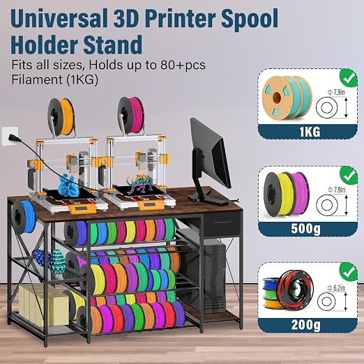 Upgrade Heavy Duty 3D Printer Table with Storage, Large 4-Tier 3D Printer Stand with Power Outlet & Drawer, Sturdy Wooden Desk & Metal Filament Rack for Workshop, Home Office(Brown)