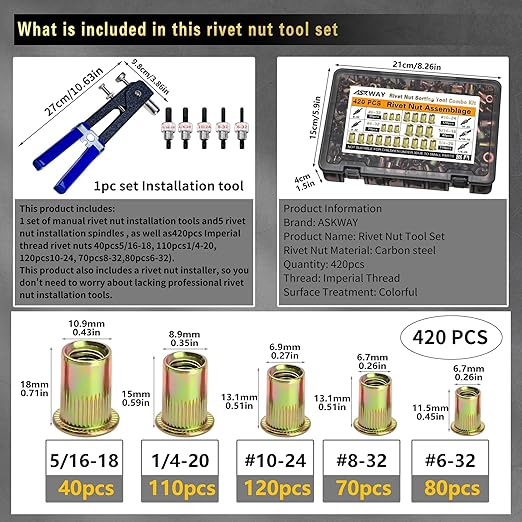 ASKWAY SAE Pressure Rivet Nut Tool Kit 420pcs, SAE Thread Rivet Nuts Kit | 420pcs SAE Rivet Nut Assortment Kit (5/16-20, 1/4-20, 10-24, 8-32, 6-32) ,Carbon Steel Rivet Nuts; Includes Rivet Nut Tool.