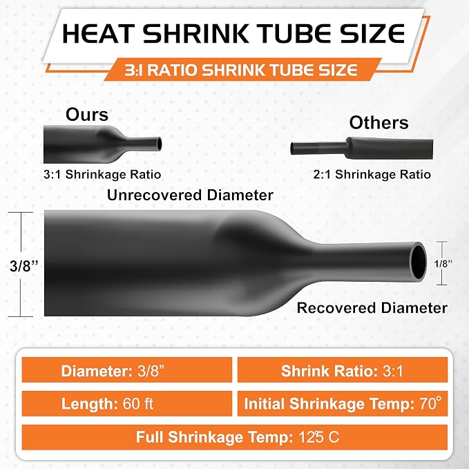 3/8" Heat Shrink tubing, 3:1 Ratio Wire Heat Shrink Tubing Industrial and Marine Grade, Dual Wall Adhesive Lined Wire Shrink Wrap Tubing, Waterproof Heat Shrink Tube - Black- 60 Feet Roll