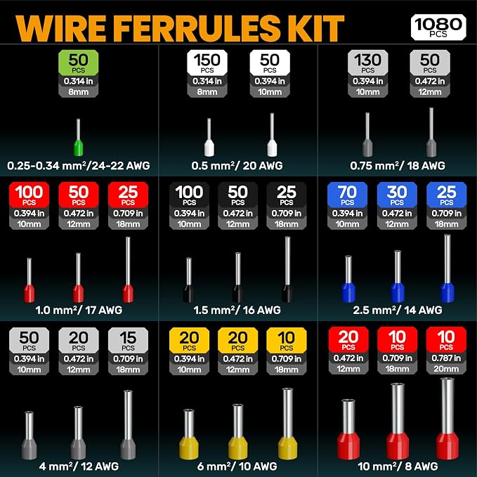 SOMELINE Ferrule Hexagonal Crimping Tool Kit, 23 Sizes Ferrules, 24-8 AWG Ferrule Crimper, with Ratchet Crimping Pliers and Wire Stripper, Hexagonal Crimp Pliers Ferrule Terminal Kit