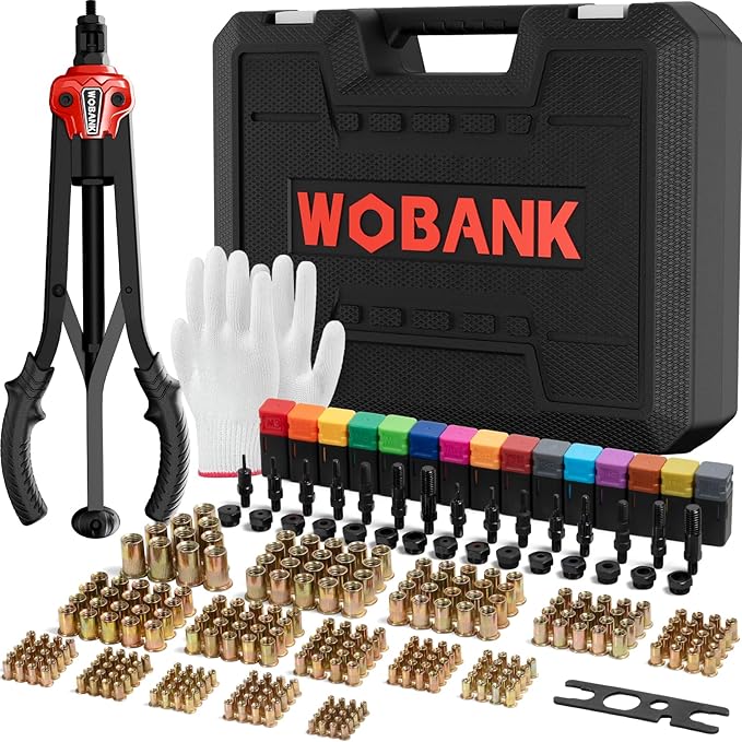 Rivet Nut Tool, 16" Heavy Duty Rivnut Tool Kit with 15PCS Metric/SAE Mandrels, 290PCS Rivet Nuts, Wrench, Gloves and Carrying Case, Auto Release Nut Design for Automotive, Construction & DIY