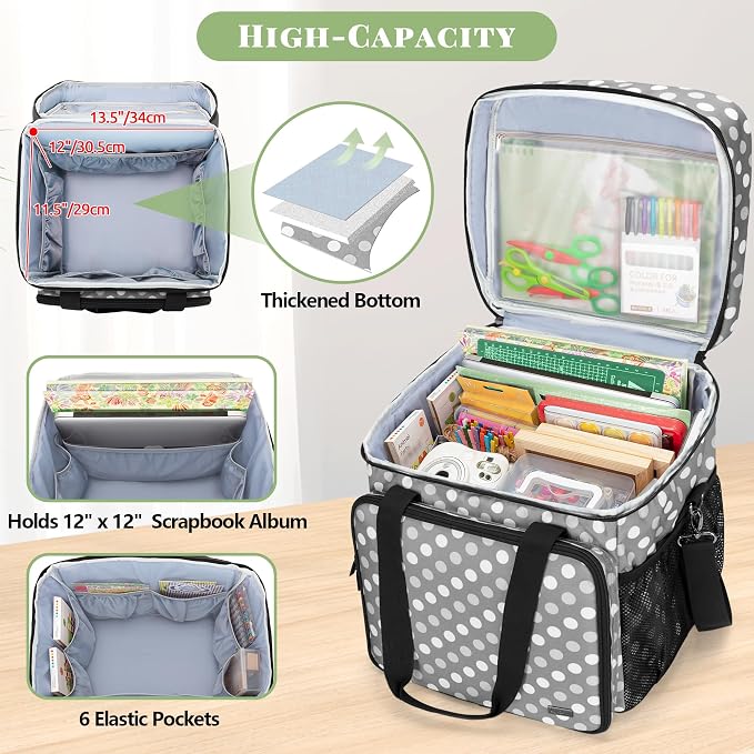 LUXJA Rolling Scrapbook Tote, Scrapbook Bag with Detachable Dolly (Patented Design), Gray Dots