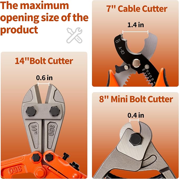 3-Piece Bolt Cutter Set, 14" Wire Cutters Heavy Duty, 8" Mini Bolt Cutters And 7" Cable Cutters With Storage Bag, Suitable For Locks, Steel Wire, Barbed Wire, Chains