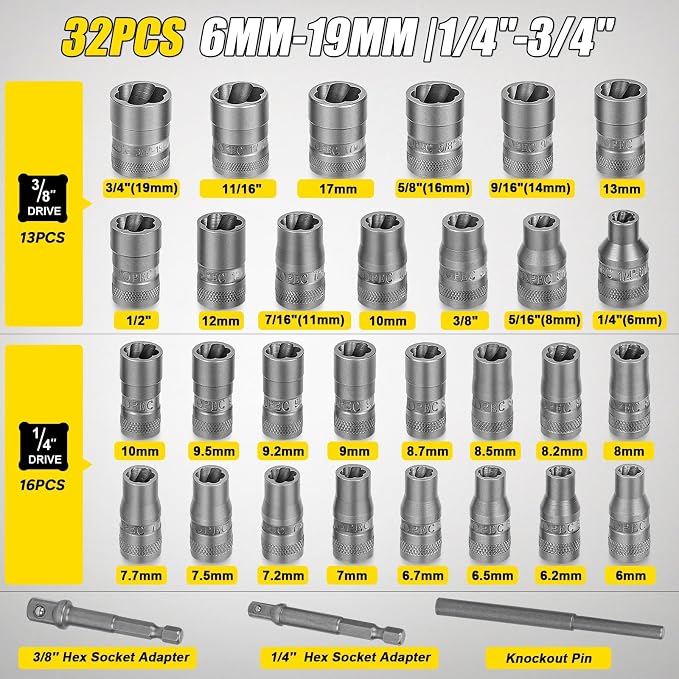 Topec 32PCS Bolt Extractor Kit, Stripped Bolt Extractor Socket Set, 6mm-19mm (1/4" to 3/4") Rounded Bolt Remover, Easy Out Bolt Extractor Set for Broken Bolt Nuts