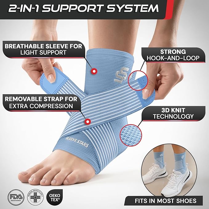Sleeve Stars Ankle Brace for Women & Men, Ankle Wrap for Sprain, Compression Sleeve for Plantar Fasciitis Relief, Easy Customizable Support: w/ Removable Strap (Pair/M:10"-12"/Light Blue)