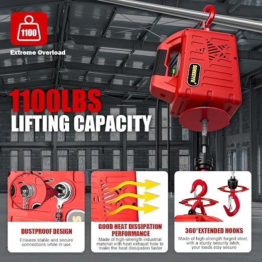 Power Electric Portable Hoist Winch 1100LBS, 3 in 1 Electric Cable Hoist 110V 25 FT with Lifting Strap, Electric Hoist Lift Ceiling Winch for Lifting Towing(Red)