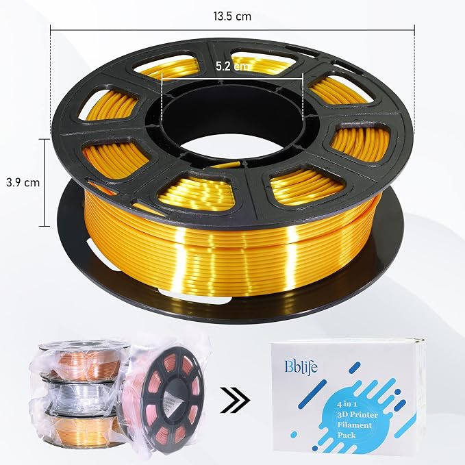 1.75mm Silk PLA Filament 4 Spools 1kg, Gold/Silver/Copper/Rose Gold | Shiny metallic finish. Each spool 250g. Widely fit for 3D printers and pens. Premium silk PLA filament for smooth printing