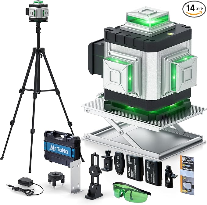 Laser Level, MrToNo 4 x 360 °laser level 360 self leveling, 16 Lines 4D lazer leveler tool Green 360 laser level, for Construction, Ceiling, Tiling, Framing, Home Renovation, Picture Hanging (Silver)