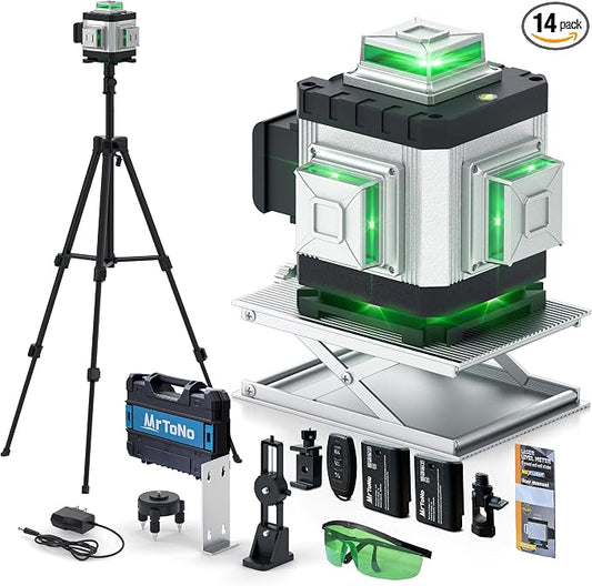 Laser Level, MrToNo 4 x 360 °laser level 360 self leveling, 16 Lines 4D lazer leveler tool Green 360 laser level, for Construction, Ceiling, Tiling, Framing, Home Renovation, Picture Hanging (Silver)