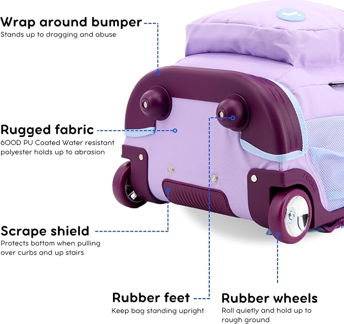 J World Sundance Laptop Rolling Backpack for Girls Boys. Roller Bookbag with Wheels, 20 Inch, Purple