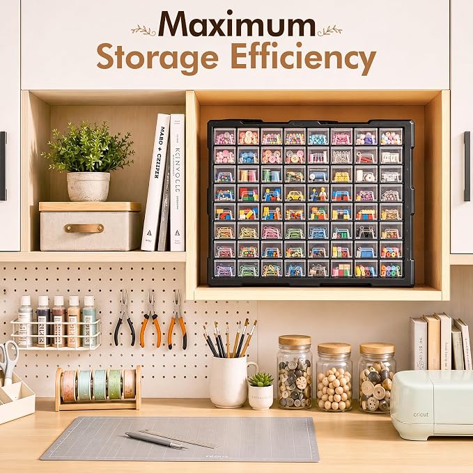 PurKeep 64-Drawer Organizer for Garage Building Bricks Storage,𝐓𝐡𝐢𝐜𝐤𝐞𝐫 Drawer Storage Cabinet with Dividers and Labels for Hardware,Screws,Nuts Bolts, Garage Tools,Charms,Beads,Craft,Scrapbook