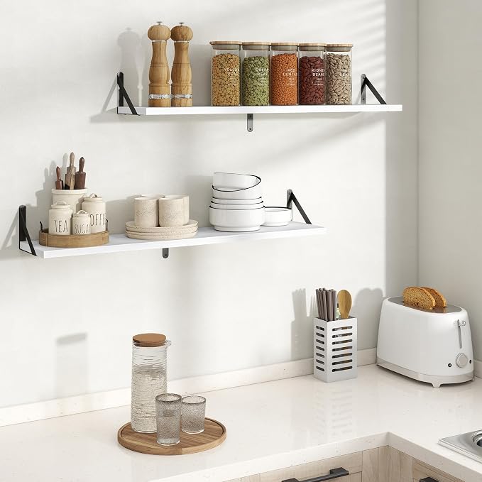 Floating Shelves 8 Inch Deep, 36W x 8D Wall Shelf Set of 2, 60 lbs Heavy Duty Reversible Metal Brackets, Industrial Book Shelf for Living Room Kitchen Bathroom Bedroom Gallery Wall, White