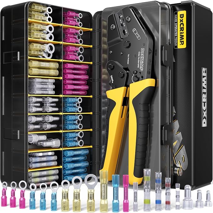 Crimping Tool Kit with Heat Shrink Connectors & Solder Seal Wire Connectors - 20 Types Marine Grade Electrical Terminals (24-10 AWG) - Ring, Butt Splices & End Caps for Auto Boat Wiring