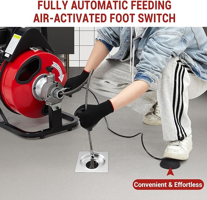 Auto Feed 75 FT x 3/8 in Drain Cleaner Machine with 200W Motor, Portable Sewer & Plumbing Snake Machine with Air-Activated Foot Switch & 8 Cutters, Drain Cleaner Auger for 1"–4" Pipes