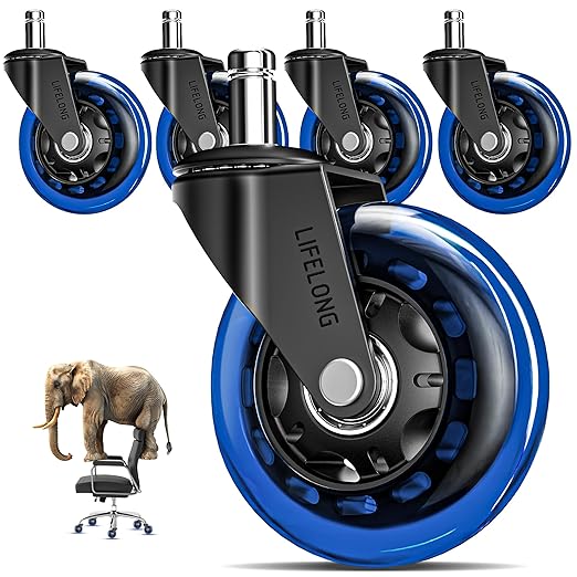 Lifelong Original Office Chair Wheels (As Seen On CNN) Replacement Rubber Chair Casters for Hardwood Floors & Carpet, Set of 5, Heavy Duty Casters for Chairs to Replace - Fits 98% (Blue)