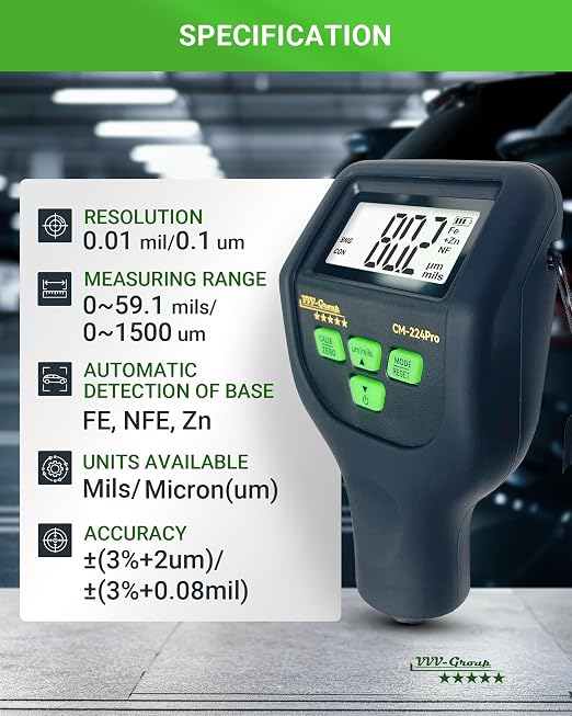 Paint Thickness Gauge – CM-224Pro Automotive Coating Thickness Meter 0–59.1 mils (0–1500 µm), 0.01 mils (0.1 µm) Resolution, Fe/NFe/Zn Auto Detection, Auto Calibration