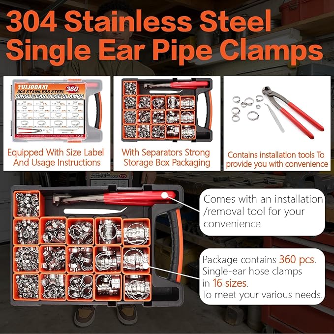 360PCS Stepless Single Ear Hose Clamp Kit - 16 Sizes 5.3-36.1mm (1/4"-1-3/8") 304 Stainless Steel Rustproof Leak-Proof Clamps with Pliers for Automotive Fuel Line, PEX Pipe, Marine & Home Plumbing