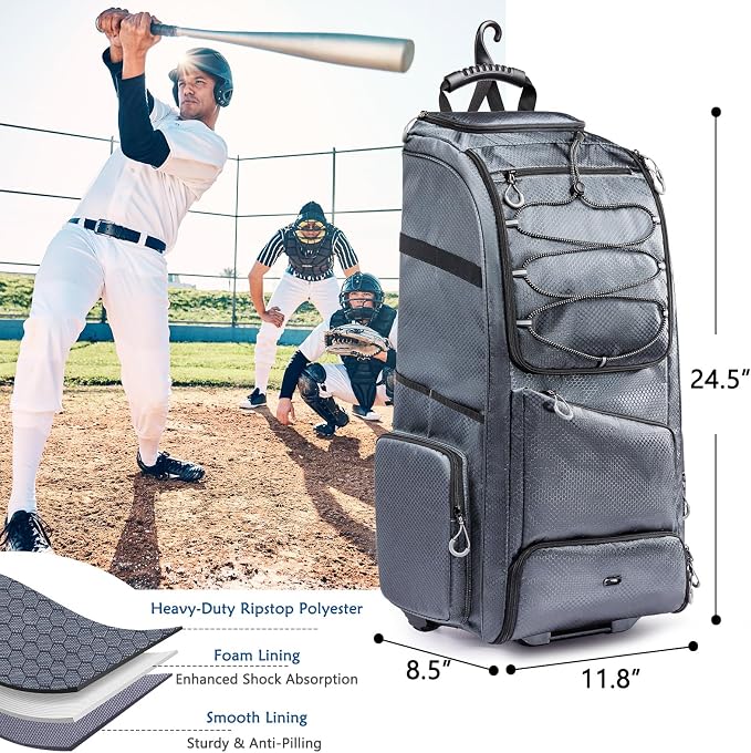 Large Rolling Baseball Catchers Gear Bag with Wheels, Softball Bag with Hard Backing for 4 Bats,Equipment Bag with Separate Shoe & Helmet Compartments, Youth Baseball Bag with 360° Spinner Wheels