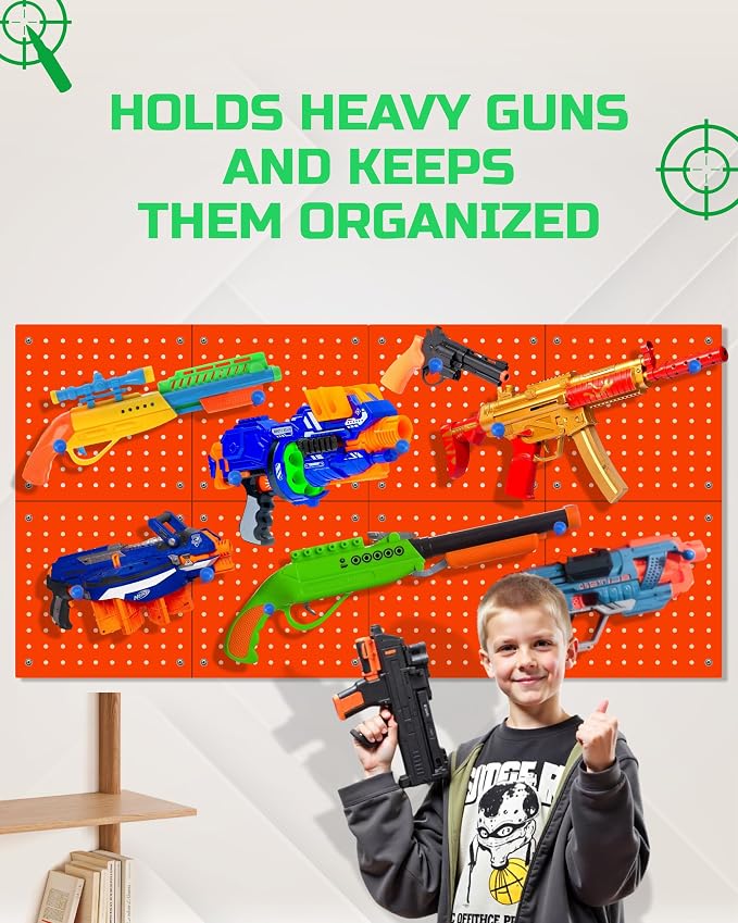 Skywin 2 Pack Wooden Pegboard Wall Organizer for Nerf Gun 13 x 13 x 0.31 Inches, Hanging Wall Pegboard Holder Compatible with All Blasters Nerf Gun Rack Organizer for Wall Organization (Orange)