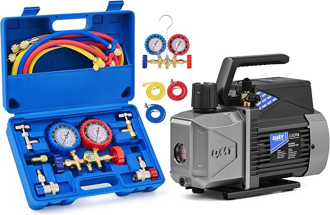 Orion Motor Tech AC Manifold Gauge Set for R134a R12 R502 Refrigerant & A2L Vacuum Pump, Bundle