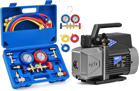 Orion Motor Tech AC Manifold Gauge Set for R134a R12 R502 Refrigerant & A2L Vacuum Pump, Bundle