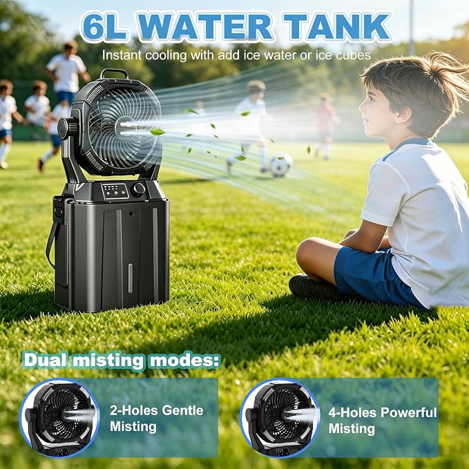 Wilody Portable Misting Fan 20000mAh Rechargeable Battery, 6L Bucket Outdoor Mist Fans Patios Cooling, Camping Fan with LED Light Modes & Stepless Speed Control, 4 Spray Mister, Timer Function(Black)