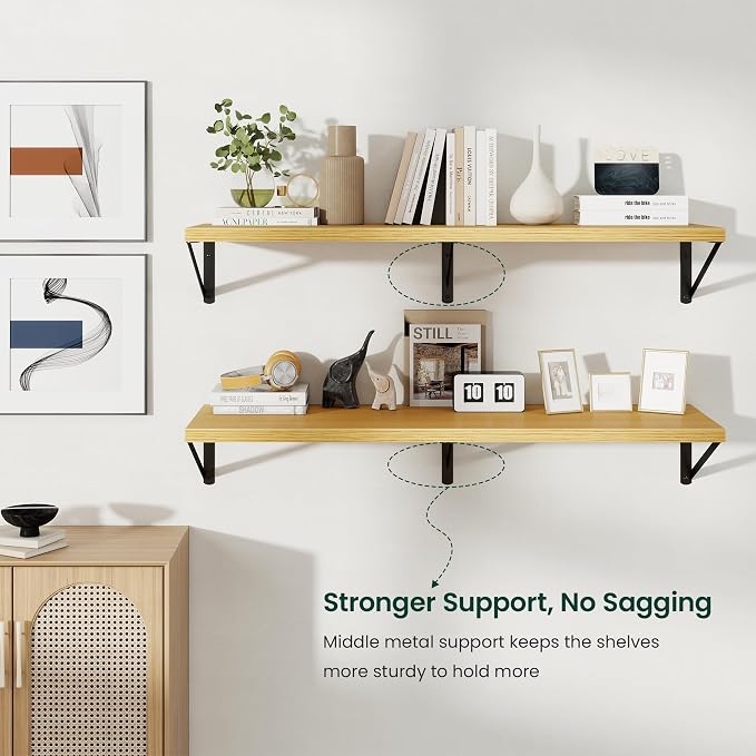 Floating Shelves 12 Inch Deep, 48W x 12D Wall Shelf Set of 2, 70 lbs Heavy Duty Reversible Metal Brackets, Deep Industrial Book Shelf for Living Room Kitchen Bath Bedroom Coffee Bar, Oak