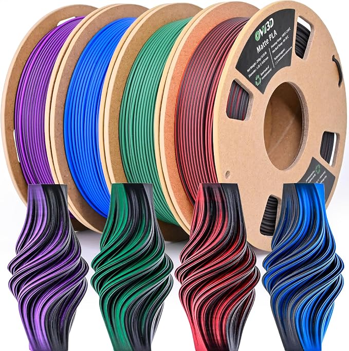 OVV3D Matte PLA 3D Printer Filament Bundle 250g x 4 Spools, Dual Color Filament 1.75mm Pack, Multi Color Change 3D Printing Filament, High Quality Matte Surface, Black - Red, Blue, Green, Purple